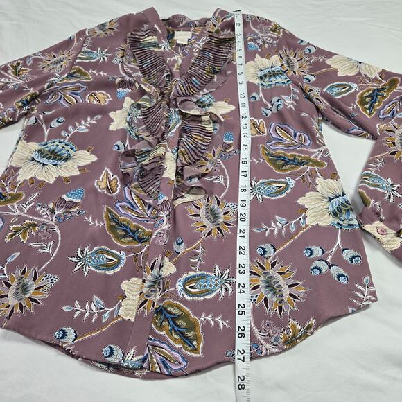 Chicos Top Blouse Mauve Paisley Floral 1 Med Purple Blue Jacobean Bouquet Ruffle - Picture 12 of 12